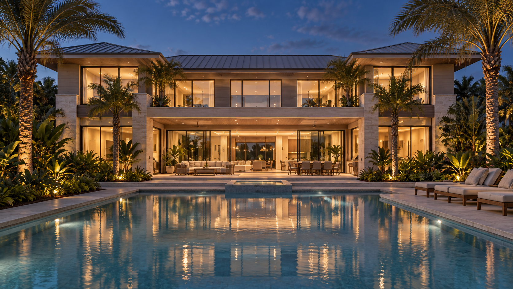 Rear elevation of a modern coastal home at dusk, lit windows reflected in the pool