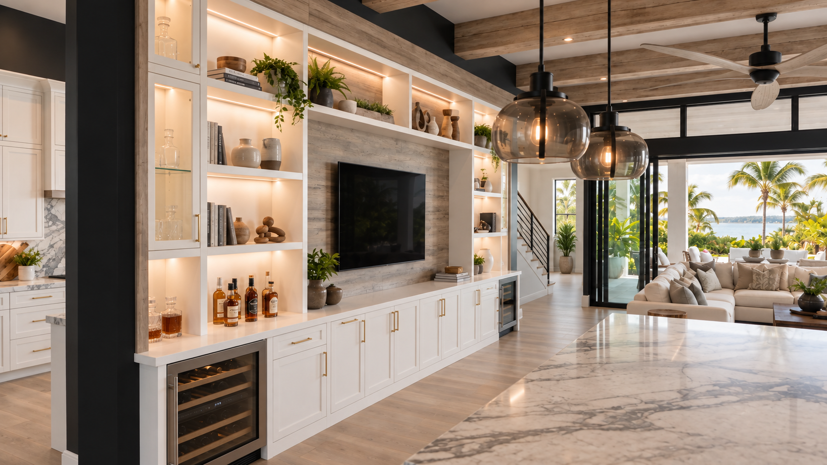 Illuminated white built-in cabinetry with driftwood paneling beside an open living area