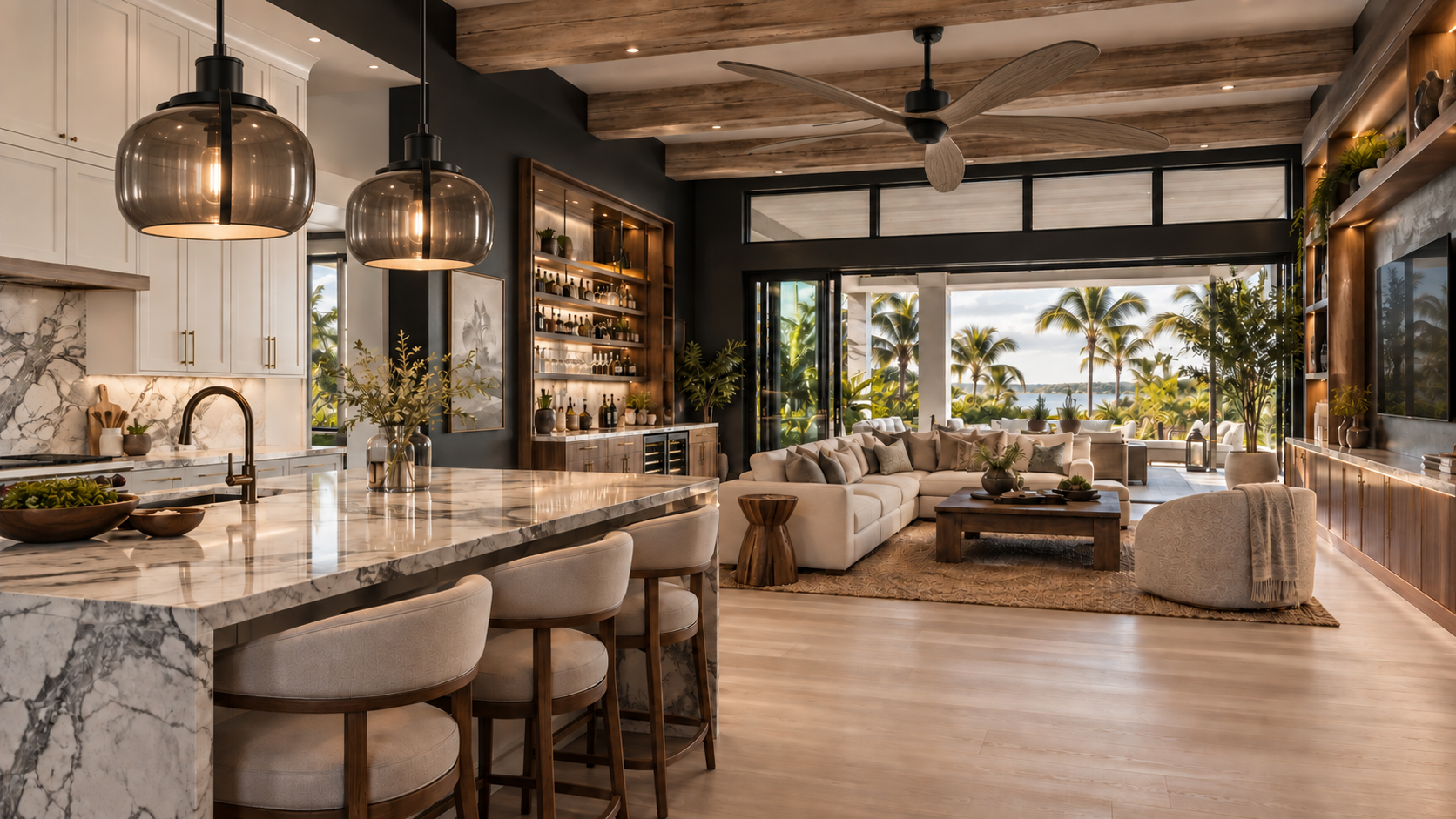 Open kitchen and living room with driftwood beams, marble island and a view to palms and water