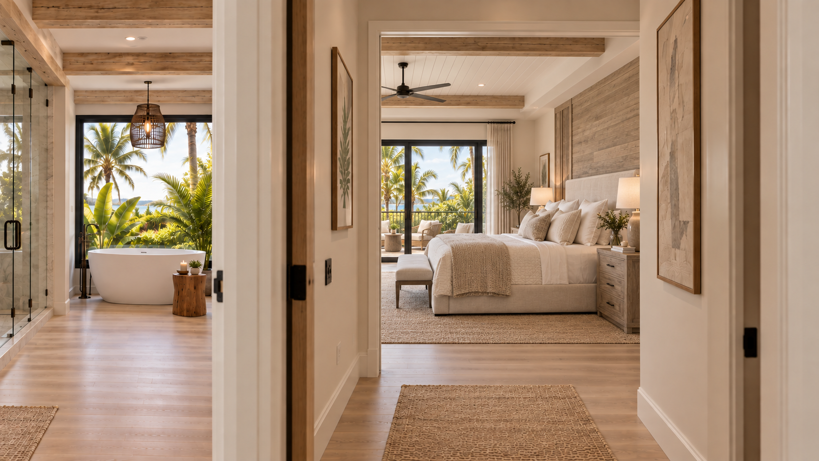 Primary bedroom seen beside a spa bath with a freestanding tub