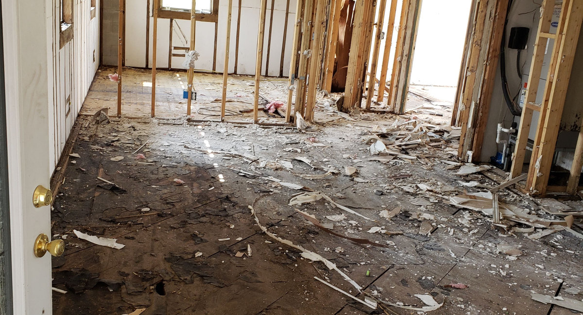 Interior stripped back to the studs during a rebuild